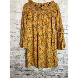Love Chelsey Boho Dress Womens Medium Mustard Yellow Off The Shoulder Florals